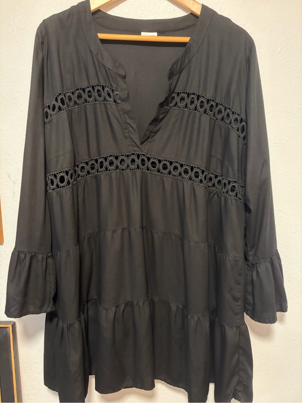 Black Long Sleeve Tiered Dress with Lace-Trim